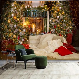 SCZONE 180 * 230cm Christmas Tapestry Wall Hanging with Christmas Tree and Fireplace - Cozy Holiday Decor for Living Room, Bedroom, or Dorm (CHR01)
