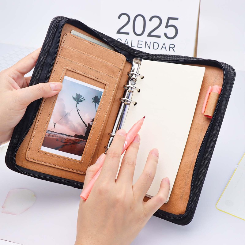 Black A6 Budget Binder Zipper PU Leather Binders Cover Refillable