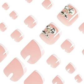 24PCS Rhinestone Press on Toenails Square Shape Fake Toe Nails Full Cover White French Tips Glue on Toe Nails 3D Gold Cherry Acrylic Toe Nails Short Summer False Toe Nails for Women and Girls