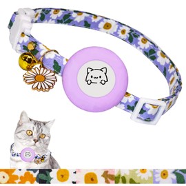 VAMOVISON Floral AirTag Cat Collar Cute GPS Cat Collar Breakaway with Silicone Air Tag Holder and Bell & Flower Charm Cat Tracker Collars with Quick Release Safe Buckle for Girl Boy Kittens (M, Blue)