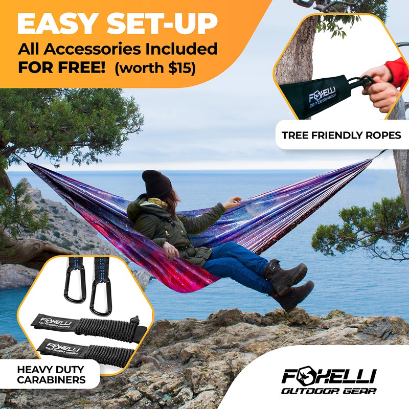 Foxelli Camping Hammock - Lightweight Portable Hammock, Easy Setup with