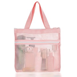 Shower Bag, Quick-Drying Portable Mesh Shower Bag, Small Hanging Toiletry Tote Bag with Zipper, Quick-Dry Camping Shower Bags for Sunscreen, Dorm & College Essentials (Pink)