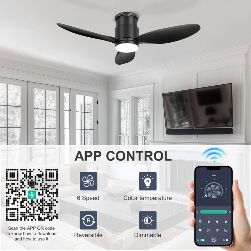 Ohniyou 42'' Flush Mount Ceiling Fans with Lights, Remote/App Control,