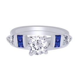 AFFY 0.76 Carat Blue Sapphire & White Cubic Zirconia Enhancer Guard Ring 14K White Gold Over Sterling Silver Ring Size-5
