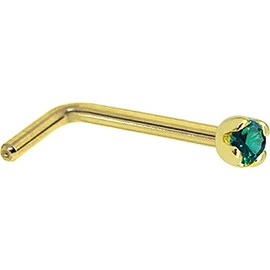 Body Candy Solid 18k Yellow Gold 1.5mm (0.015 cttw) Genuine Green Diamond L Shaped Nose Stud Ring 20 Gauge 1/4"