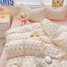 Nayoroom Bed Linen 200 x 200 cm White with Pink Flowers Country House Style Duvet Cover 3-Piece Vintage Aesthetic Cute Washed Microfibre Renforce Bedding Sets with Zip and 2 Pillowcases 80 x 80 cm