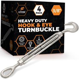 Xpose Safety 3/8" Hook and Eye Turnbuckle - Heavy Duty Galvanized Steel Turn Buckles - Turn Buckle Tensioner for Cables, Tension Wire, Rope, Shade - Adjustable Turnbuckle Hook and Eye 4 Pack