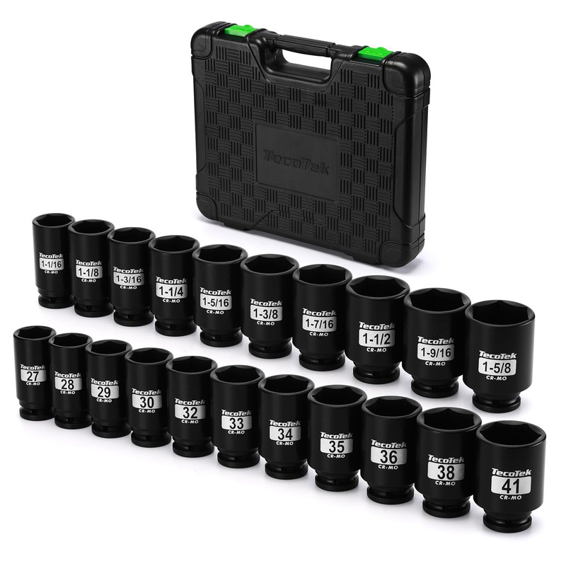 TecoTek 1/2" Drive Deep 6-Point Impact Socket Set, 21-Piece Spindle