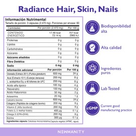 NEWMANITY Radiance Suplemento para Uñas, Cabello y Piel - 2 meses - con Colágeno, Biotina, Ácido Hialurónico, Colostro, Omega 3, Vitamina E y Astaxantina - Nutrición para Belleza y Salud