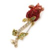 Small Red, Green Austrian Crystal 'Rose' Brooch In Gold Plating