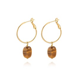 PEARLADA 18k Gold Hoop Earrings with Charms, Boho Tiger Eye Drop Dangle Earrings, Trendy Statement Gemstone Earrings for Women
