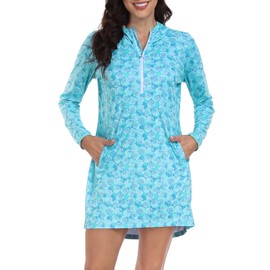 HDE Beach Coverups for Women UPF 50 Long Sleeve Swim Cover Up Dress with Hood Ocean Mist Seashells - L