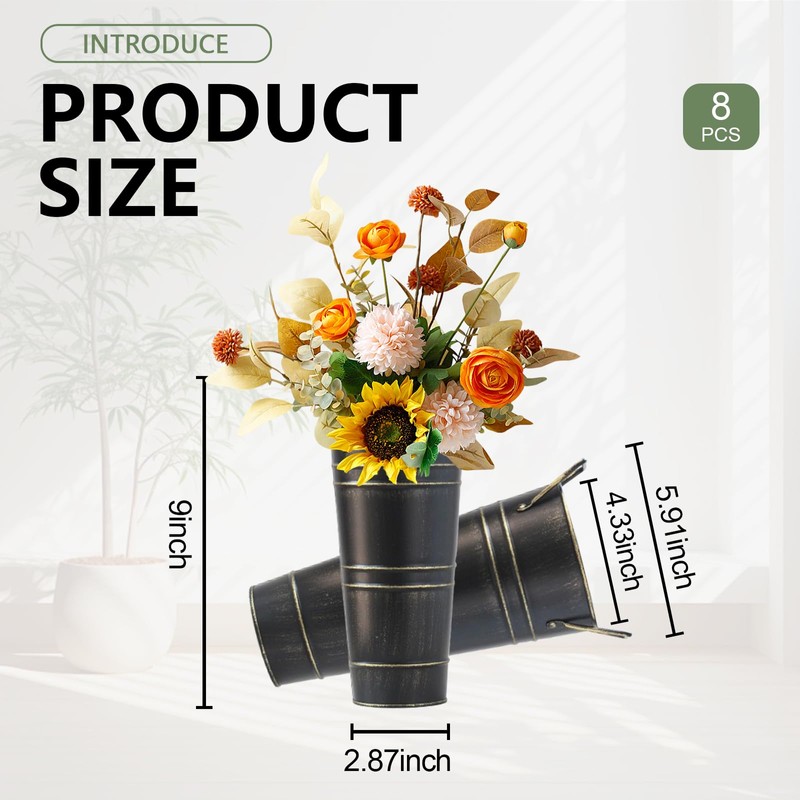 Merkaunis Galvanized Metal Vases 8 Pcs 9 Inch Black Farmhouse