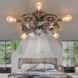 HUEOCZW 20" Retro Industrial Steampunk Ceiling Fans with Lights and Remote,Low Profile Flush Mount Bladeless Ceiling Fan with Light,Nautical Style 6 Speeds for Bedroom Kitchen Island Bar Cafe