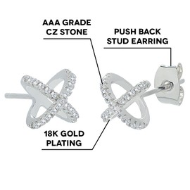 Cate & Chloe Paige "Exhilarating" 18k White Gold X Ring Pave CZ Stud Earrings, Unique Stud Earring Set for Women, Silver Cubic Zirconia Cross Earrings, Wedding Anniversary Jewelry
