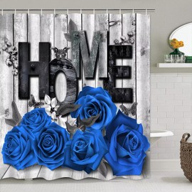 Yddsky Blue Rose 4 Pcs Shower Curtain Sets Non-Slip Rugs Bath Mat Toilet Cover U Shaped Mat Black Blue Shower Curtain with 12 Hooks Red Rose Valentine's Day Bathroom Set