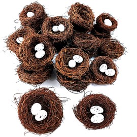 GXXMEI 24PCS/Set Small Faux Bird Nest with Eggs for Crafts, Artificial Rattan Birds Nest for Easter Wedding Home Party Christmas Tree Decoration (8pcs Mixed Small Size Nest, 16pcs Eggs)
