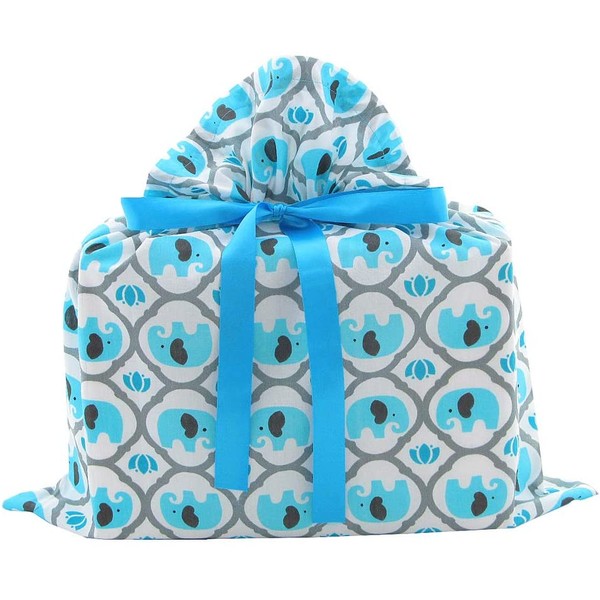Elephants Reusable Fabric Gift Bag for Baby Shower, Child’s Birthday, or Any Occasion (Medium 17 Inches Wide by 18.5 Inches High, Turquoise Blue)