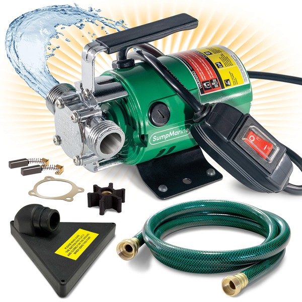 SumpMarine Water Transfer Pump, 115V 330 Gallon Per Hour - Portable Electric Utility Pump with ON/OFF Switch and 6' Water Hose Kit - Remove Water From Garden, Hot Tub, Pool, Aquariums, and More