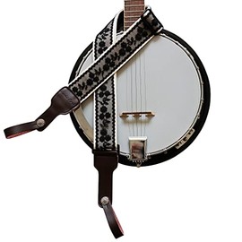 MUSIC FIRST Original Design, 2 inch width (5cm), Padded, Black Cool & Vintage"Lace" Soft Lace & Genuine Leather Delux Banjo Strap, With 2 pieces of MUSIC FIRST Leather Strap Locker.