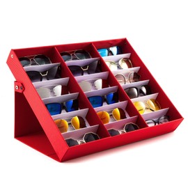 jiffordwind 18 Slot Sunglasses Organizer Box Stand Display Case/Tray, Snap Close & Polyester Silk Lined (1, RED)