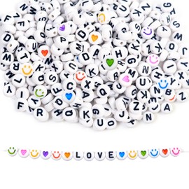 Redamancy Pack of 400 Letter Beads, Colourful Heart Beads and Colourful Smiley Beads, 7 mm Letter Beads Set, A-Z Letter Beads, Round Letter Beads for Bracelets for DIY Bracelets Jewellery