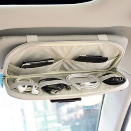 Da by Car Visor Organier Truck SUV Sun Visor Storage Pocket PU Leather Pouch Holder with Multi-Pocket Double Zipper Net Pocket, for Cards Pens Sunglasses Document (Cream Grey)