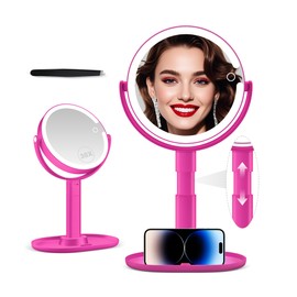 MIYADIVA Makeup Mirror with Lights, 30X Magnifying Mirror with Light and Touch Switch, Vanity Mirror with 3 Color Light and 80 LEDs, Height Adjustable Desk Mirror with Lights, Hot Pink