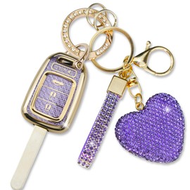 Simocky Key Fob Cover with Diamond Heart Keychain, Car Key Shell for Women, Compatible with Honda 2013-2016 Accord Crosstour 2014-2015 CR-V Civic 2016-2017 HR-V Protector (4 Buttons-Purple)