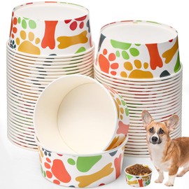 Reallnaive 60 Pcs 42 oz/ 5.2 Cups Disposable Pet Bowls Bulk Large Dog Feeding Bowls with Printed Pattern Travel Bowls for Feeding Dogs and Cats Puppies Pet Paper Food Bowls for Dry Wet Food Water