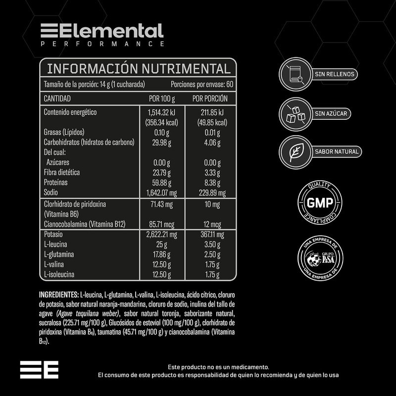 ELEMENTAL BCAA + Glutamina 420g 30 Porciones Sin Azúcar Cítricos