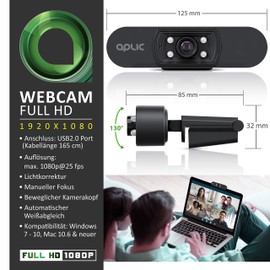 CSL - Full HD Webcam with Microphone 1080p - 1920x1080P - 4 Auxiliary Lights/Scene Light - 5P Lens - Automatic White Balance - for PC Mac - Black
