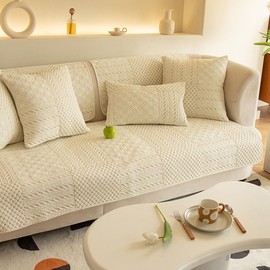 vctops Farmhouse Geometric Embroidered Couch Sofa Cover Cotton Quilted Sectional Couch Cover Non-Slip Sofa Slipcover Furniture Protector for Kids, Dogs, Cats (Cream,36"x94")