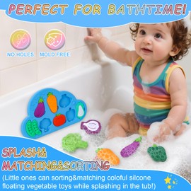 Baby Bath Toys, 100% Silcone Mold Free Vegetable Bath Toys, Soft Toddlers Floating Bathtub Toy, No Hole Tub Water Toys, Vegetable Matching&Sorting Educational Learning Toys Gift for Boys Girls Kids