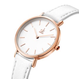 SHENGKE SK Ultra Thin Minialist Women Watches Simple Two Hands Ladies Dress Watch Leather Strap (White)