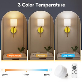 NIORSUN 15 inch Battery Operated Wall Sconce Set of 2, Gold Wireless Rechargeable Wall Lights with 5200mAh Dimmable Detachable Bulbs and Remote, 9 Colors Sconces Wall Decor for Bedroom Living Room