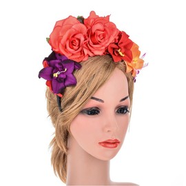 Lofruiin Women's Rose Flower Crown Headband Day of The Dead Headband Mexican Floral Headpiece (A- Orange Red, Free)
