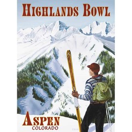Aspen Highlands Bowl Vintage Colorado Ski Poster, 18 x 24 inches