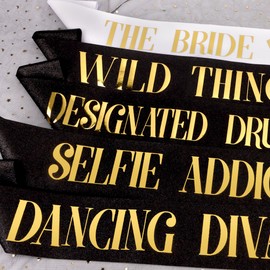 Exacoo 8pcs Glitter Fabric Bride & Bridesmaids Sashes Black Bachelorette Party Decorations Happy Bachelorette Party Accessories & Favors for Bridal Shower Decor