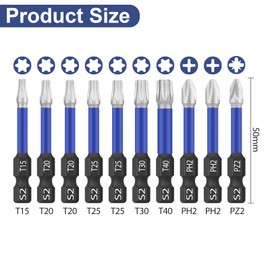 HPHOPE Professional Screwdriver Bit Set 10Pcs, Shockwave Bit Set Includes Torx Bits, Pozi Bits, Phillips Bits, Length 50mm, Hexagon Bits Set with Key Ring
