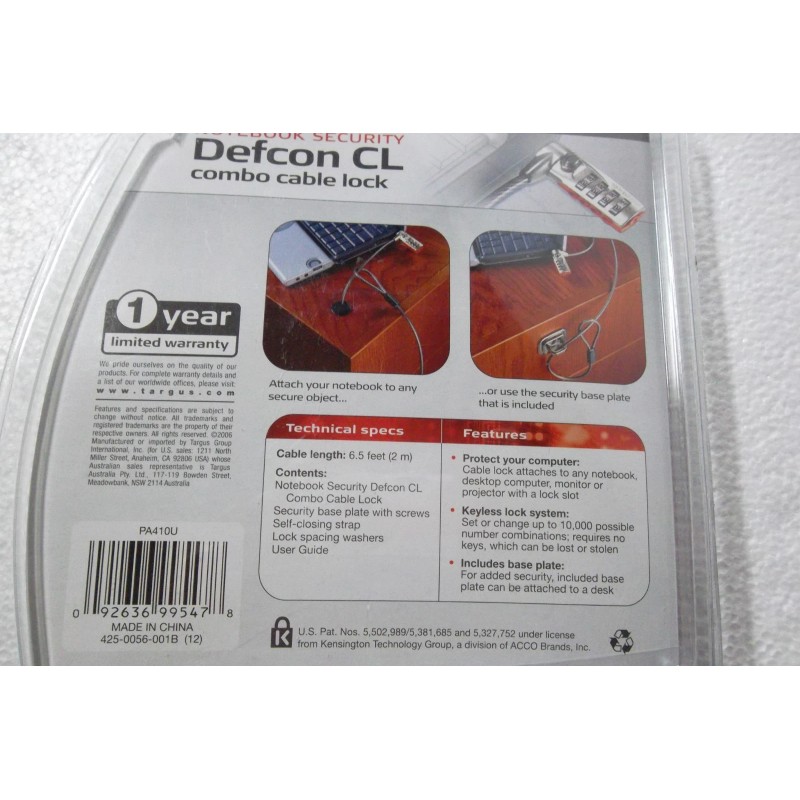 Targus Notebook Monitor PC Security Defcon CL Combo 6.5 ft