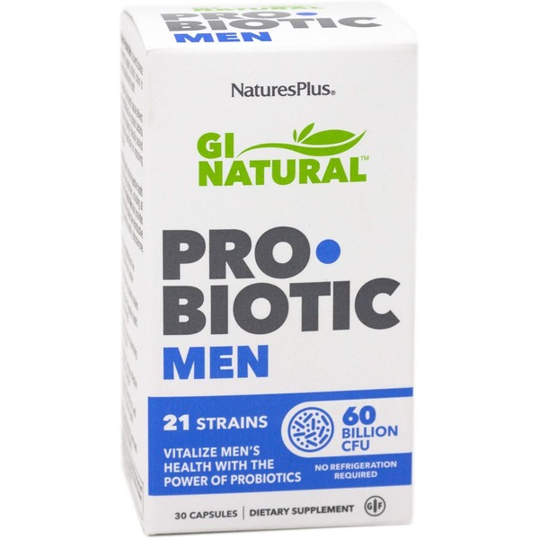 NaturesPlus GI Natural Probiotic Capsules, Men - 30 Capsules - 21 Live Probiotic Strains & Prebiotics - Digestive & Immune Support - Gluten-Free - 30 Servings