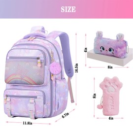 TLTUCI 3pcs Girls Backpack,Cute Rainbow School Backpack For Kids Children With Pencil Case (Purple)