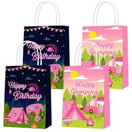 16pcs Pink Camping Paper Gift Bags Camping Girl Camping Birthday Treat Bags with Handles Forest Bear Candy Goodie Bags for Baby Shower Party Supplies