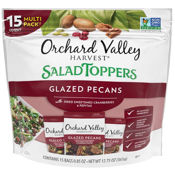 Orchard Valley Harvest Glazed Pecans Salad Toppers, 0.85 Ounce Bags (Pack of 15), with Cranberries and Pepitas, Non-GMO, No Artificial Ingredients
