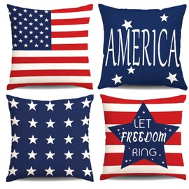 Hongsome 4th of July Throw Pillow Covers 18x18in Set of 4,Patriotic Pillow Case for Independence Day,Memorial Day,Veteran's Day,USA,American Summer Outdoor Red White Blue Decorations