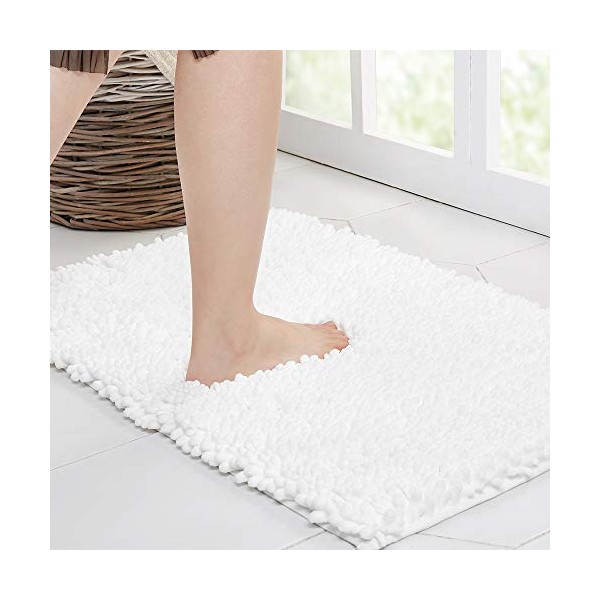 Walensee Bathroom Rug Non Slip Bath Mat (24x17 Inch White) Water Absorbent Super Soft Shaggy Chenille Machine Washable Dry Extra Thick Perfect Absorbant Best Small Plush Carpet for Shower Floor