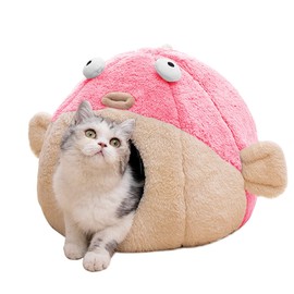 Cat Beds for Indoor Cats - Cat Bed Cave with Removable Washable Cushioned Pillow, Soft Plush Premium Cotton No Deformation Pet Bed, Lively Pufferfish cat House Design, Pink, Multiple Sizes