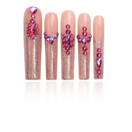 Artiprint Nude Glitter Coffin Press-On Nails with Rhinestone Accents, Long Length, Sparkling & Stylish for Parties and Special Events(L169, M)