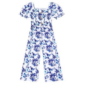 BAVADER Girls Romper One Piece Short Sleeve Girls Jumpsuit Floral Print Rompers for Girls Smocked Jumpsuit for Girls Clothes Size 8 9 Year Old Girl Clothes with Pocket Blue